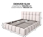 Detaillierte grafische Maßzeichnung mit den genauen technischen Spezifikationen für das Polsterbett Denver Slim 160x200 cm im Stoff Quelle (Bouclé).