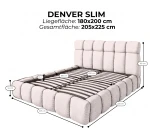 Detaillierte grafische Maßzeichnung mit den genauen technischen Spezifikationen für das Polsterbett Denver Slim 180x200 cm im Stoff Quelle (Bouclé).