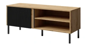 Kompaktes RTV-Lowboard MIA 7 mit Lamellen – TV-Schrank 120 cm Schwarz & Eiche Ewigkeit