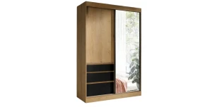 Schwebetürenschrank HAITI 140 cm mit Spiegel – Kleiderschrank Eiche Lefkas & Schwarz
