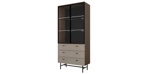 Hohe Vitrine ELORA 90 cm mit Glastür, Schubladen und optionaler LED-Beleuchtung – Japandi & Loft Design