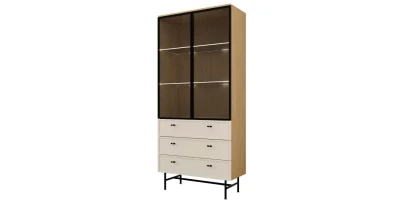 Hohe Vitrine ELORA 90 cm Frühlings-Eiche & Macadamia mit LED-Beleuchtung – Japandi Stil
