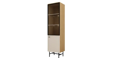 Schmale Vitrine ELORA 50 cm Frühlings-Eiche & Macadamia mit LED-Beleuchtung – Japandi Hochschrank