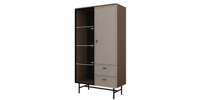 Mittelhohe Vitrine ELORA 4 90x165 cm inkl. LED-Beleuchtung – Japandi Loft Design mit Schubladen