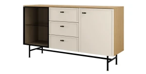 Breite Vitrinen-Kommode ELORA 7 150 cm Frühlings-Eiche & Macadamia inkl. LED – Japandi Sideboard