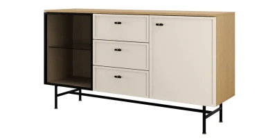 Breite Vitrinen-Kommode ELORA 7 150 cm Frühlings-Eiche & Macadamia inkl. LED – Japandi Sideboard