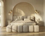 boston-slim-Modernes Schlafzimmer mit dem eleganten, großen Polsterbett Boston slim (180x200 cm) im trendigen Bouclé-Stoff (Bubble-Optik), gemütlich arrangiert..webp