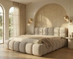 Seitenansicht des geräumigen Bettes Boston slim (180x200 cm) im Bouclé-Bezug, perfekt integriert in ein helles, wohnliches Master-Schlafzimmer.
