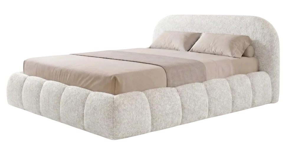 Helle Studioaufnahme des cremefarbenen Polsterbettes Dakota slim in 160x200 cm, bezogen mit dem weichen Bouclé-Stoff Quelle.