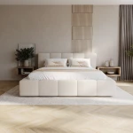 Frontalansicht des Modells Ferento 140x200 cm in einem modernen, minimalistischen Schlafzimmer mit dekorativen Holzlamellen an der Wand.