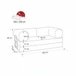 echnische Skizze des Poso Cord Schlafsofas MUNO mit den genauen Abmessungen von 200x100 cm für die optimale Raumplanung.