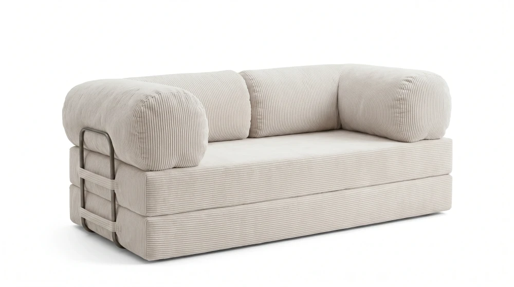 Ein modernes, helles Schlafsofa MUNO (200x100 cm) mit weichem Poso Cord Bezug, freigestellt auf weißem Hintergrund.