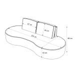 Technische Skizze des geschwungenen Sofas mit detaillierten Maßangaben für die exakte Raumplanung der Abriamo Boucle und Riviera Velour Modelle.