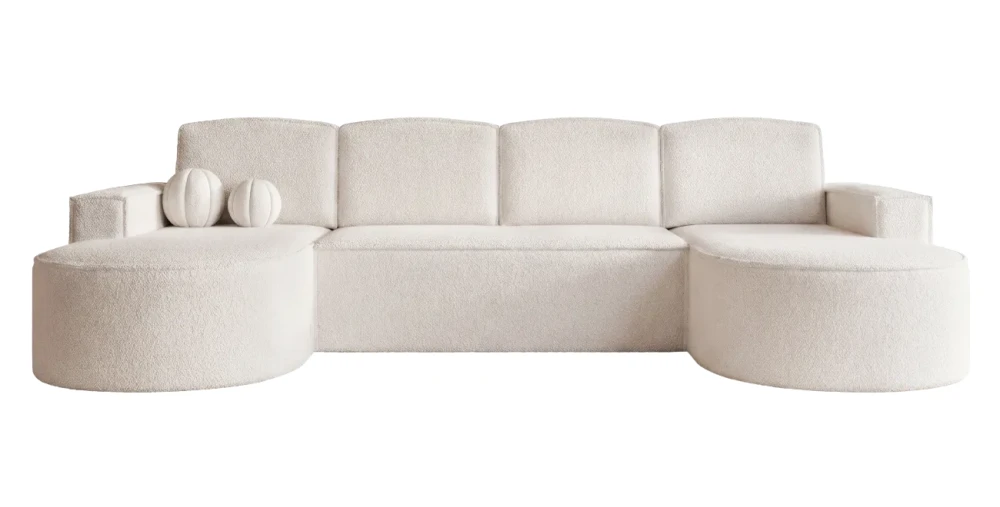 Ein modernes, U-förmiges Sofa Sofia U (316x157 cm) in einer eleganten Kombination aus Abriamo Boucle und Riviera Velour, freigestellt auf einem hellen Hintergrund.