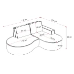 Technische Skizze des Ecksofas Sofia L, die die genauen Abmessungen von 210x157 cm für die Modelle in Abriamo Boucle und Riviera Velour zeigt.