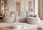 Großzügiges Ecksofa Sofia XL mit den Maßen 277x157 cm, bezogen mit edlem Riviera Velour und Abriamo Boucle, präsentiert in einem stilvollen Wohnzimmer.