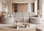 Gemütliches Wohnambiente mit dem U-förmigen Sofa Sofia U (316x157 cm), das dank der weichen Abriamo Boucle und Riviera Velour Stoffe zum Entspannen einlädt.