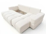 Das ausgeklappte Schlafsofa BUENO L (250x148 cm) aus Bouclé-Stoff mit geöffnetem, geräumigem Bettkasten für zusätzlichen Stauraum.