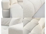 Nahaufnahme der Polsterung des Ecksofas BUENO L (250x148 cm), welche die feine, charakteristische Textur des kuscheligen Bouclé-Stoffes im Detail zeigt.