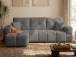 Frontalansicht des Ecksofas BUENO L (250x148 cm) mit weichem Bouclé-Bezug, stilvoll arrangiert in einem modernen Wohnzimmer.