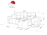 Technische Skizze des Ecksofas BUENO L aus Bouclé, die die genauen Abmessungen von 250x148 cm für die optimale Raumplanung zeigt.