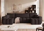 Frontalansicht der U-förmigen Design Wohnlandschaft OFI U (318x145 cm) mit weichem Bouclé-Bezug, stilvoll arrangiert in einem modernen Wohnzimmer.