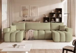 Frontalansicht der U-förmigen Design Wohnlandschaft OFI U (318x145 cm) mit weichem Bouclé-Bezug, stilvoll arrangiert in einem modernen Wohnzimmer.