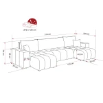 Technische Skizze der Design Wohnlandschaft OLI U, die die genauen Abmessungen von 318x145 cm für eine optimale Raumplanung im Bouclé-Design zeigt.