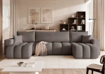 Frontalansicht der U-förmigen Design Wohnlandschaft OFI U (318x145 cm) mit weichem Bouclé-Bezug, stilvoll arrangiert in einem modernen Wohnzimmer.