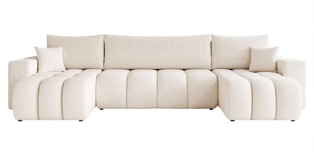 Frontale Ansicht der U-förmigen Design Wohnlandschaft OFI U in der Größe 318x145 cm aus weichem Bouclé-Stoff, freigestellt auf weißem Hintergrund.