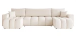 Frontale Ansicht der U-förmigen Design Wohnlandschaft OLI - OFI U in der Größe 318x145 cm aus weichem Bouclé-Stoff, freigestellt auf weißem Hintergrund.