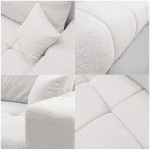 Nahaufnahme der Polsterung des Design Ecksofas OLI XL (278x145 cm), welche die feine und gemütliche Textur des hochwertigen Bouclé-Stoffes präsentiert.