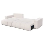 Das Design Ecksofa OLI XL (278x145 cm) aus Bouclé, hier vollständig ausgeklappt zur praktischen Nutzung als komfortables Schlafsofa.