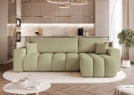 Frontalansicht des Design Ecksofas L-Form OFI L (248x145 cm) mit weichem Bouclé-Bezug, stilvoll arrangiert in einem modernen Wohnzimmer.