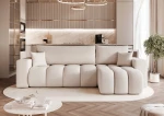 Frontalansicht des Design Ecksofas L-Form OFI L (248x145 cm) mit weichem Bouclé-Bezug, stilvoll arrangiert in einem modernen Wohnzimmer.
