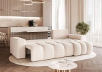Das Design Ecksofa L-Form OFI L (248x145 cm) aus Bouclé, hier vollständig ausgeklappt zur praktischen Nutzung als komfortables Schlafsofa.