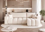 Frontalansicht des Design Ecksofas L-Form OFI L (248x145 cm) mit weichem Bouclé-Bezug, stilvoll arrangiert in einem modernen Wohnzimmer.