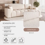 Nahaufnahme der Polsterung des Design Ecksofas OFI L (248x145 cm), welche die feine und gemütliche Textur des hochwertigen Bouclé-Stoffes präsentiert.