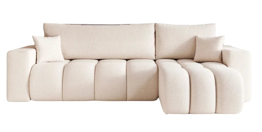 Frontale Ansicht des Design Ecksofas L-Form OLI - OFI L in der Größe 248x145 cm aus weichem Bouclé-Stoff, freigestellt auf weißem Hintergrund.