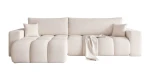 Frontale Ansicht des Design Ecksofas OFI XL in der Größe 278x145 cm aus weichem Bouclé-Stoff, freigestellt auf weißem Hintergrund.
