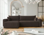 Frontalansicht des Design Ecksofas L-Form PIANO XL (278x145 cm) mit weichem Poso Cord Bezug, stilvoll arrangiert in einem modernen Wohnzimmer.