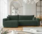 Frontalansicht des Design Ecksofas L-Form PIANO XL (278x145 cm) mit weichem Poso Cord Bezug, stilvoll arrangiert in einem modernen Wohnzimmer.