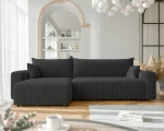Frontalansicht des Design Ecksofas L-Form PIANO XL (278x145 cm) mit weichem Poso Cord Bezug, stilvoll arrangiert in einem modernen Wohnzimmer.