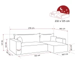 Technische Skizze des Ecksofas PIANO XL in L-Form, die die genauen Abmessungen von 278x145 cm für eine optimale Raumplanung im Poso Cord Design zeigt.