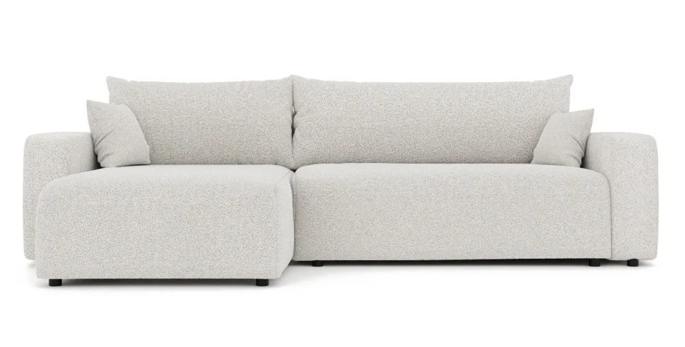 Frontale Ansicht des Design Ecksofas L-Form PIANO XL in der Größe 278x145 cm aus weichem Baltimore Stoff, freigestellt auf weißem Hintergrund.