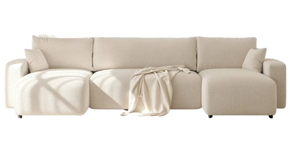 Frontale Ansicht der Design U-Form Wohnlandschaft PIANO U in der Größe 318x145 cm aus weichem Bouclé-Stoff, freigestellt auf weißem Hintergrund.