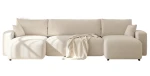 Frontale Ansicht der Design U-Form Wohnlandschaft PIANO U in der Größe 318x145 cm aus weichem Bouclé-Stoff, freigestellt auf weißem Hintergrund.