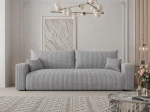 Frontalansicht des Design Sofas PIANO (246x93 cm) mit weichem Cord und Bouclé Bezug, stilvoll arrangiert in einem modernen Wohnzimmer.