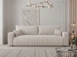 Frontalansicht des Design Sofas PIANO (246x93 cm) mit weichem Cord und Bouclé Bezug, stilvoll arrangiert in einem modernen Wohnzimmer.