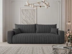 Frontalansicht des Design Sofas PIANO (246x93 cm) mit weichem Cord und Bouclé Bezug, stilvoll arrangiert in einem modernen Wohnzimmer.